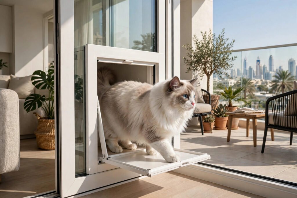 A cat stepping through a cat flap in a sliding balcony door insert in a bright Dubai apartment