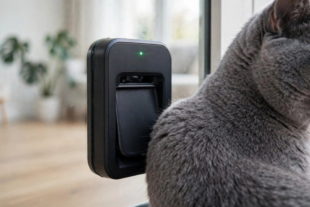 Microchip cat flap in a glass door reading a British Shorthair cat's microchip