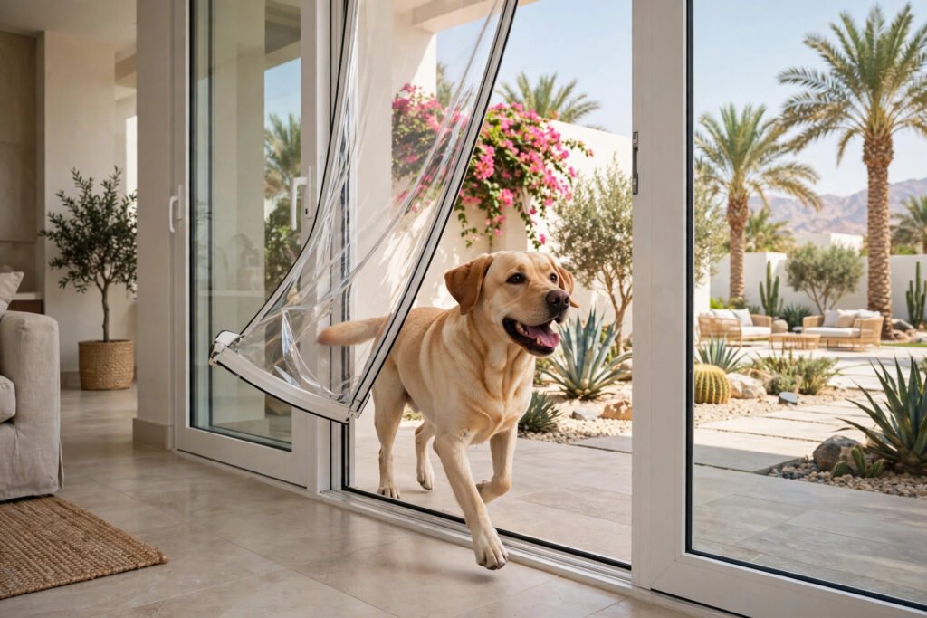 Labrador passing through an extra-large dog door in a villa sliding glass door