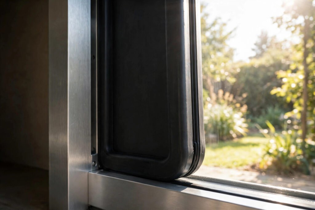 Close-up of a heavy-duty magnetic dog flap sealing shut against its aluminium frame