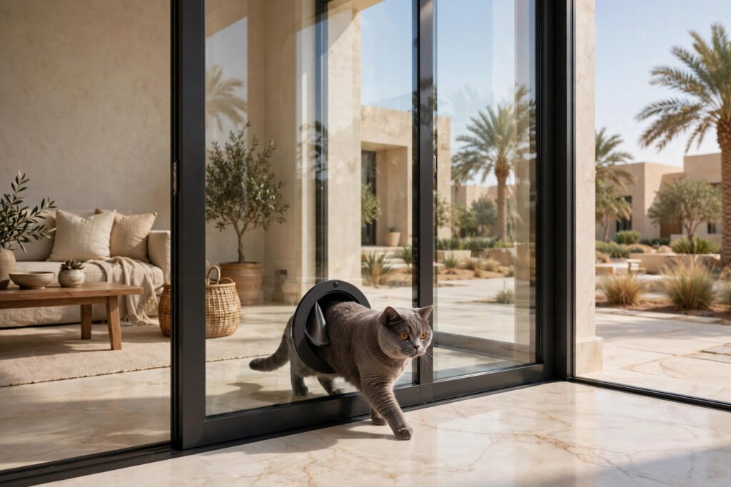 Double-glazed glass door with a round cat flap in a UAE villa, British Shorthair cat stepping through