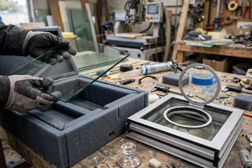 Original glass pane being stored safely beside a new tempered double-glazed pet door unit
