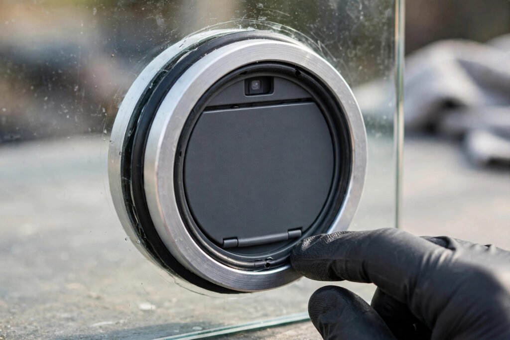 Circular glass mounting adapter sealing a microchip cat flap into a tempered glass panel