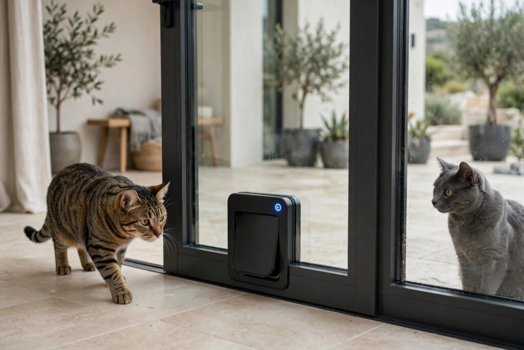 Microchip cat flap in a villa glass door unlocking for a tabby cat while a stray cat waits outside