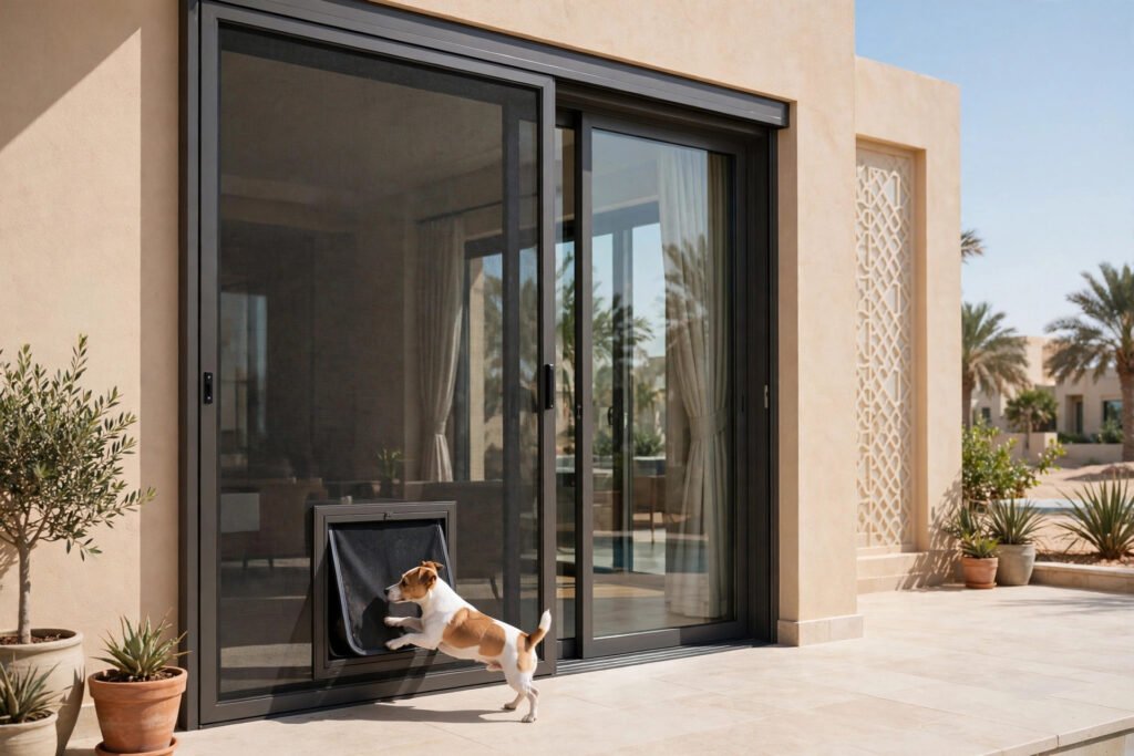 A dog pushing through a flap in a sliding fly-screen door on a bright UAE villa terrace