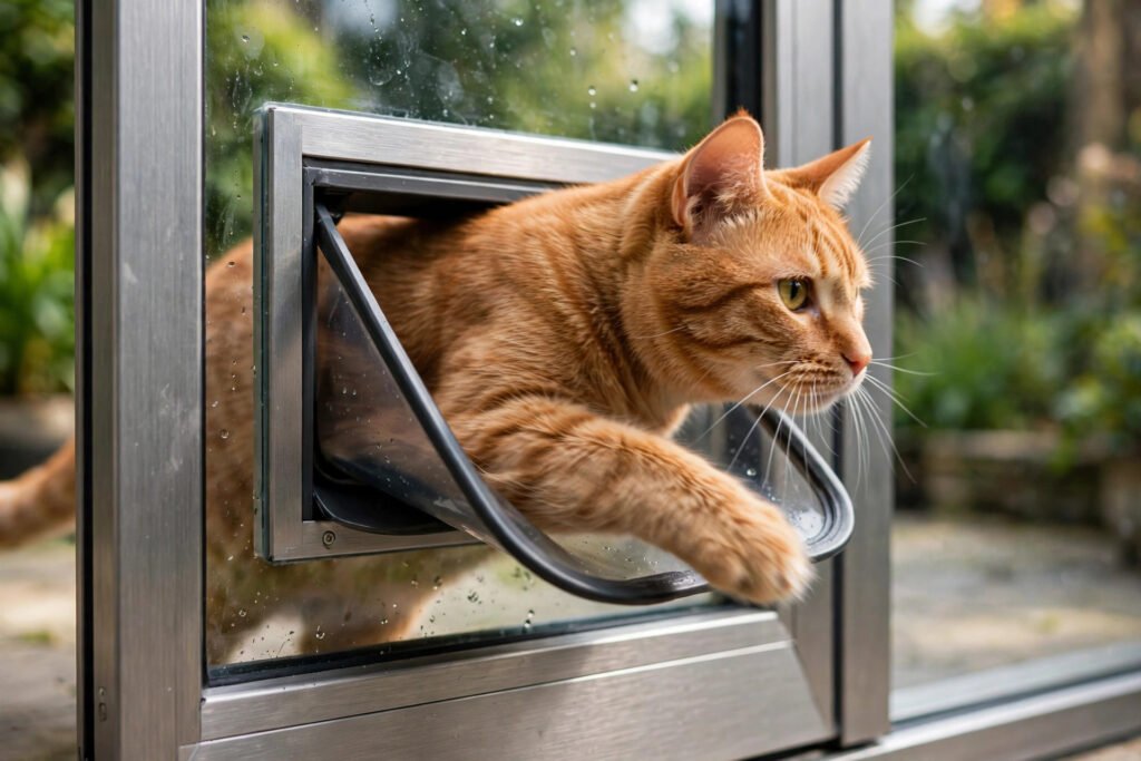 Close-up of a magnetic pet flap in clear tempered glass, cat passing through