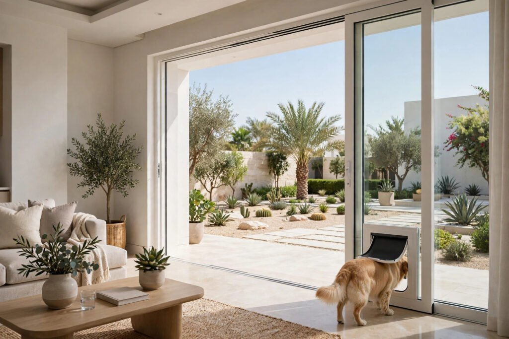 A dog using a pet flap in a white-framed sliding glass door insert in a bright UAE villa