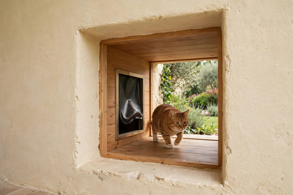 Pet flap tunnel through a masonry villa wall with a cat passing through